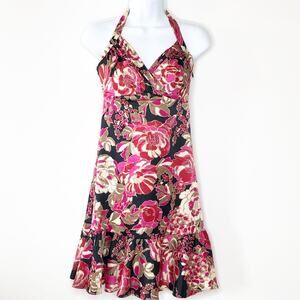 Guess Halter Dress 3 Floral Stretchy Mini Ruffle Hem Tie Back Side Zip Pink